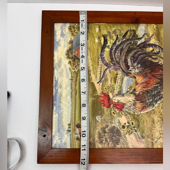 Country ROOSTER Print/Picture in Wooden Frame 12”X 17” Apples, Sunflowers, Barn - Picture 3 of 10